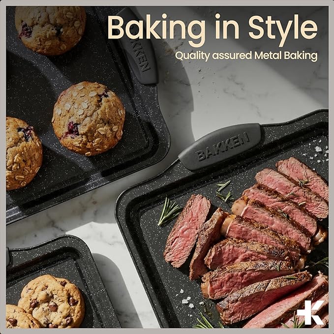 BAKKEN Kitchen Baking Pans - Medium (15.15 × 10.03") and Large (17.1 x 11.8") Nonstick Sheets, Carbon Steel Cookie Sheets with Gray Silicone Handles, PFOA, PFOS, PTFE Free, Oven Safe (450°F), Set of 2