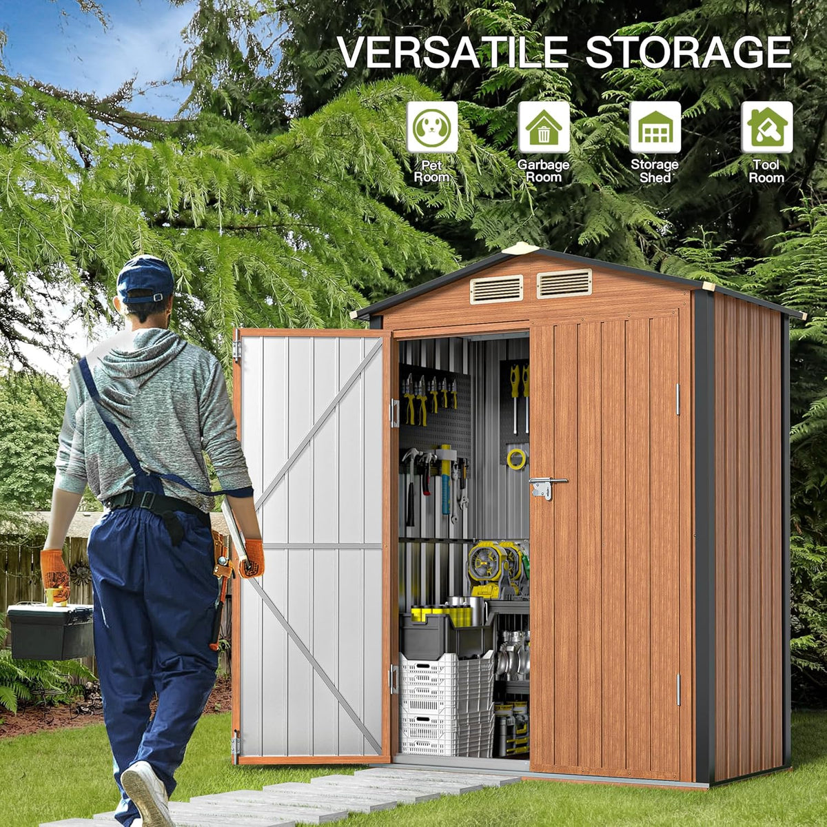 Outdoor Storage Shed, 5x3 Ft Metal Steel Tiny House with Frame Floor & Lockable Door, Vertical Outside Storage Building for Garden, Backyard, Lawn, Patio Utility, Tool Storage