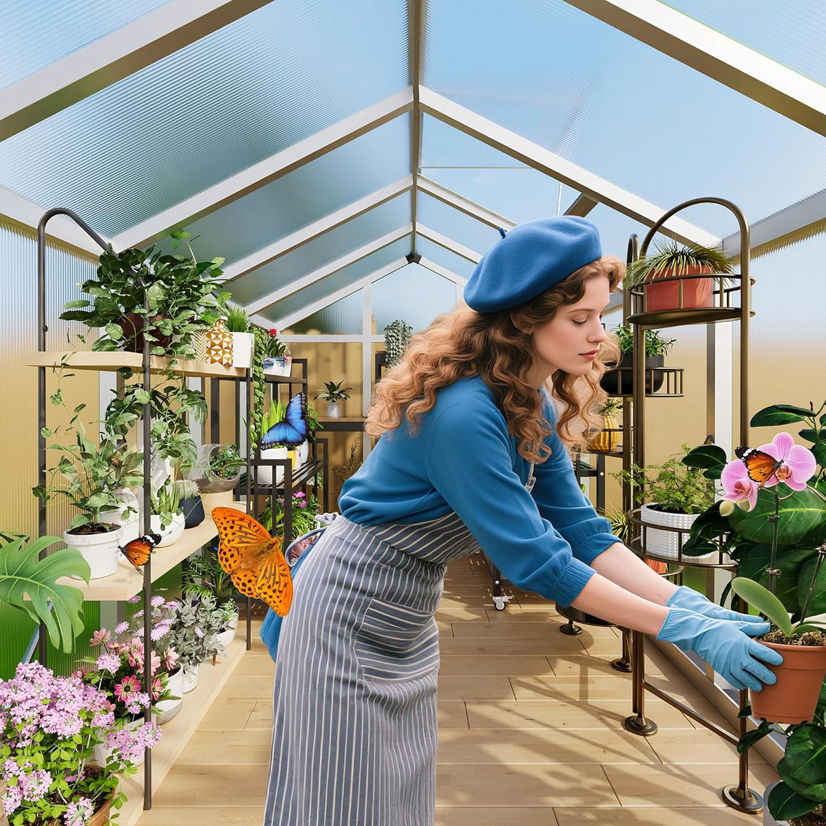 6x10 FT Greenhouse, Easy Assembly Aluminum Polycarbonate Greenhouses for Outdoors with Roof Vent and Ground Nails, Heavy Duty Aluminum Walk-in Greenhouse for Backyard, Sliding Lockable Door, Silver
