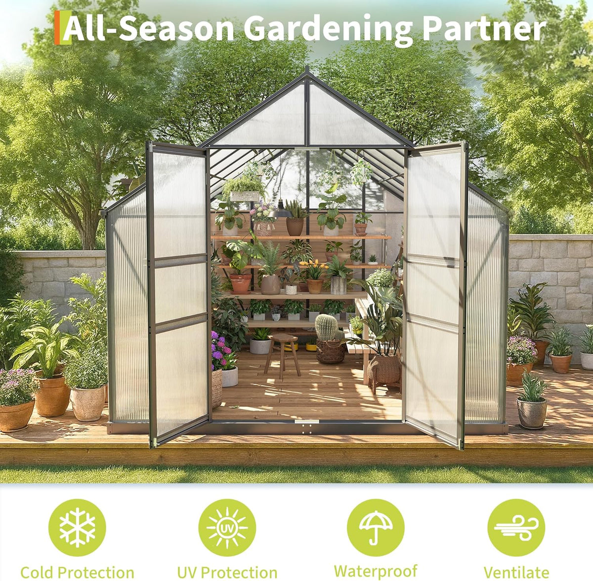 8*16 FT Outdoor Walk-in Greenhouse, Polycarbonate Green House, Heavy Duty Greenhouse with Vented Roof Window, Windproof Aluminum Frame, Suitable for Outside Gardening, Backyard, Patio