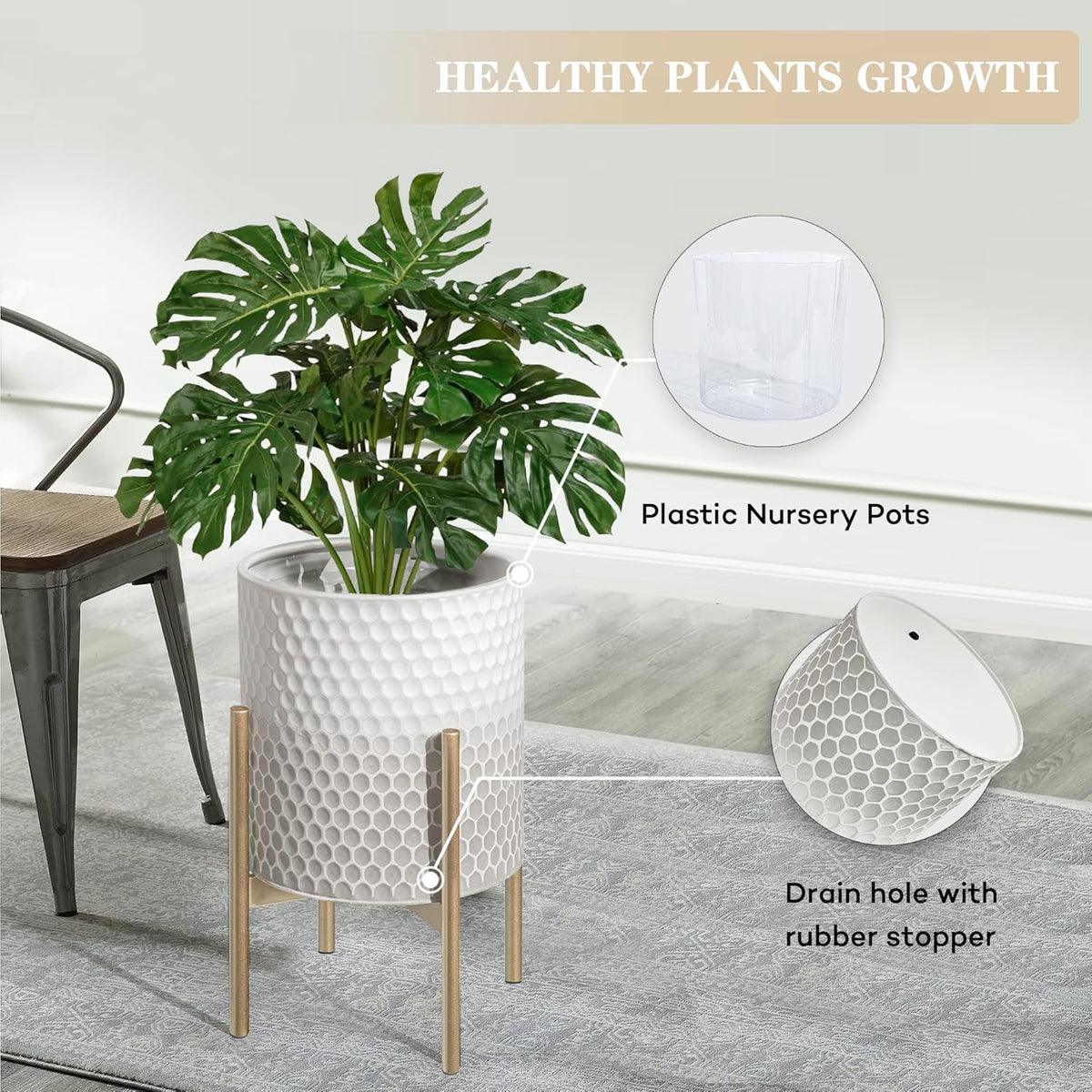 Oakrain Mid Century Planters for Indoor Plants, Set of 2, Modern Decorative Metal Pots for Living Room, Office, Garden or Balcony, Gray and White Gradient Planter with Stand, 8 inch&10 inch