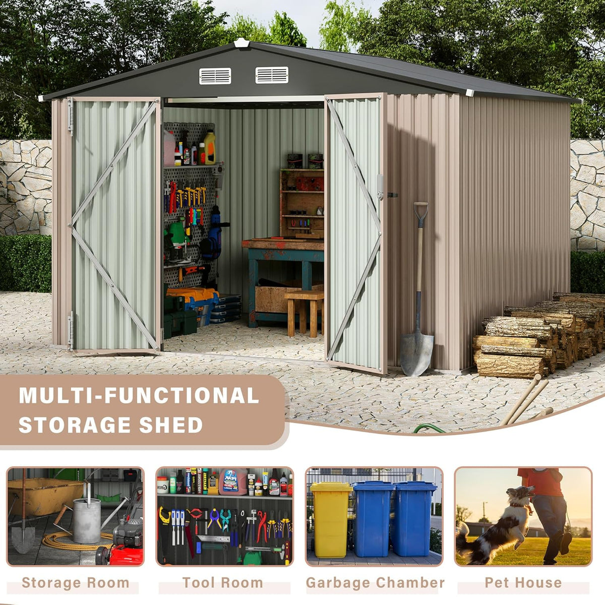8x10 FT Metal Storage Sheds Outdoor, Metal Yard Sheds Garden Shed Kit, Tool Shed with Lockable Door, Utility Sheds Buildings with Air Vent for Backyard Garden Patio Lawn