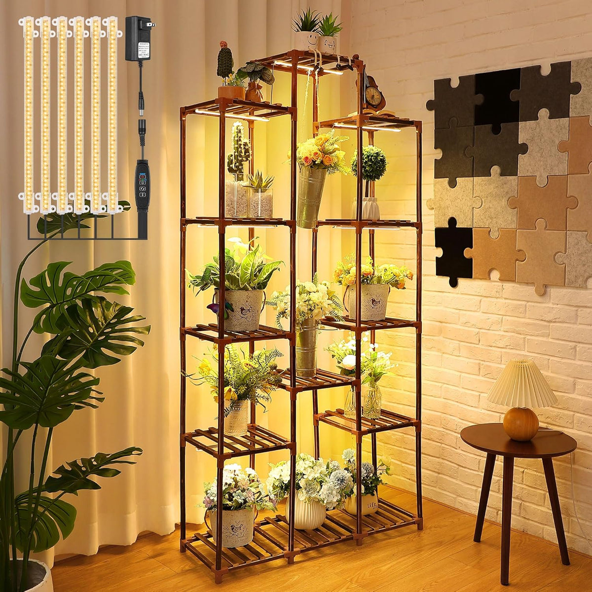 Dreyoo Plant Stand with Grow Lights, Wood Plant Shelf with Full Spectrum Grow Lamp for Indoor Corner, Vintage Multi Layer Lighted Stand for Living Room Balcony Display (13 Tiered Shape)