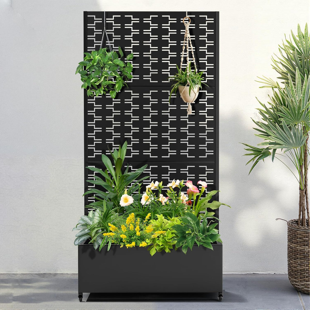 FENCY Metal Raised Garden Bed with Wheels and Trellis,73"x35"x16" Planter Box for Climbing Plants, Vegetables & Vines, Features Privacy Screen and Drainage Holes (Black-Brick)