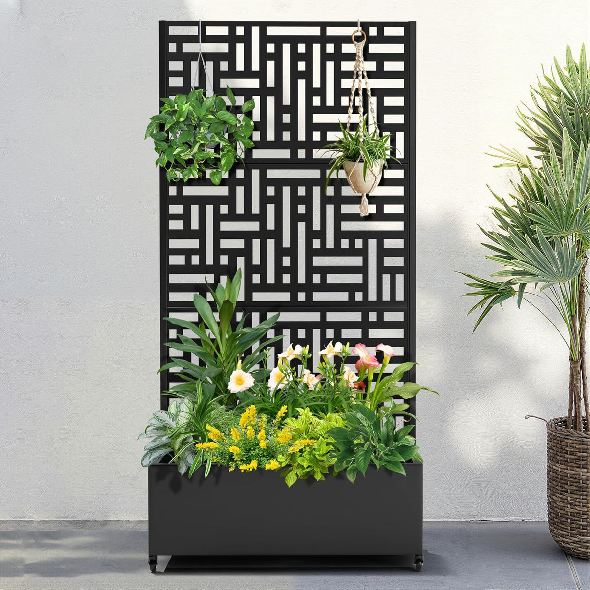FENCY Metal Raised Garden Bed with Wheels and Trellis,73"x35"x16" Planter Box for Climbing Plants, Vegetables & Vines, Features Privacy Screen and Drainage Holes (Black-Geometric Lattice)