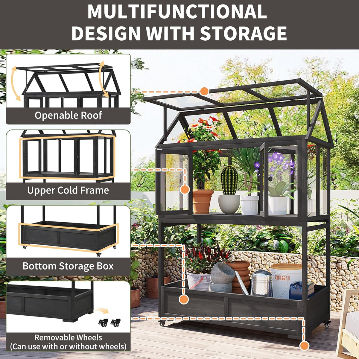 Portable Cold Frame Greenhouse with Wheels , Wooden Mini Greenhouse Cabinet for Gardens & Balconies , Openable Roof Design & Built-in Storage Box ,Easy-to-Move & Durable (Black)