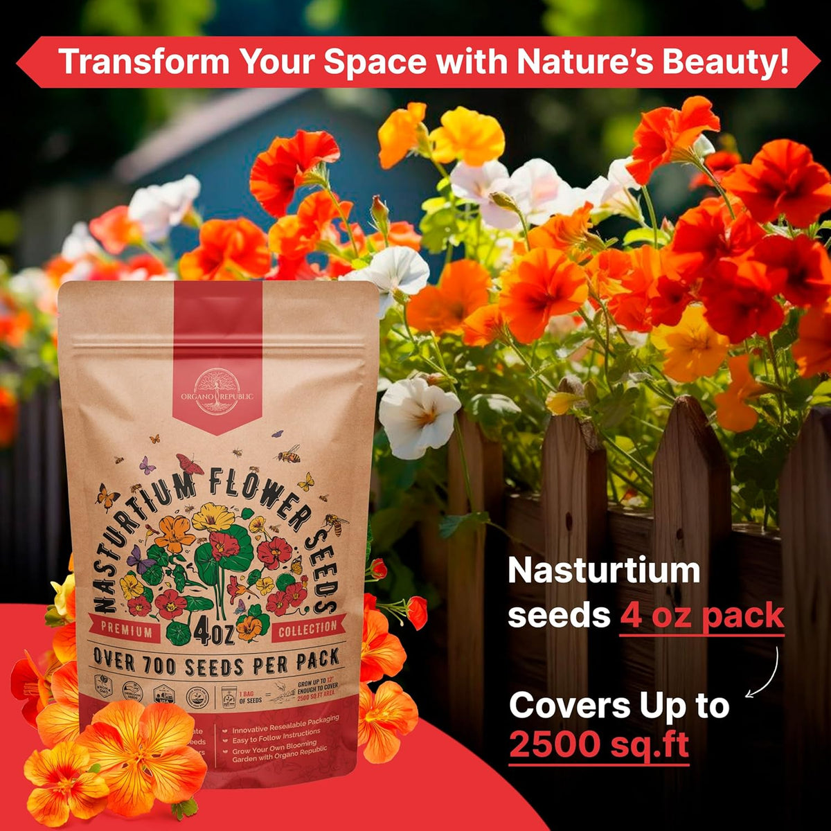 Nasturtium Seeds Pack 4 oz - Over 700 Non-GMO Heirloom Nasturtium Seeds for Planting, Edible Flowers in Individual Seed Packet for Planting Home Garden Indoor & Outdoor Gardening