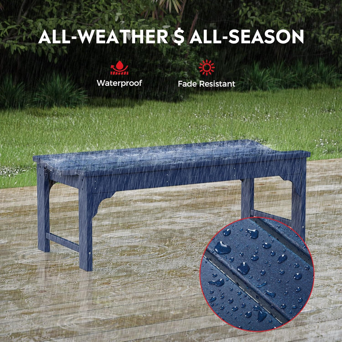 Outdoor Benches Weatherproof, All Weather Resistant Park Bench Poly Lumber Backless Garden Bench Seat for Entryway Front Porch, Navy Blue