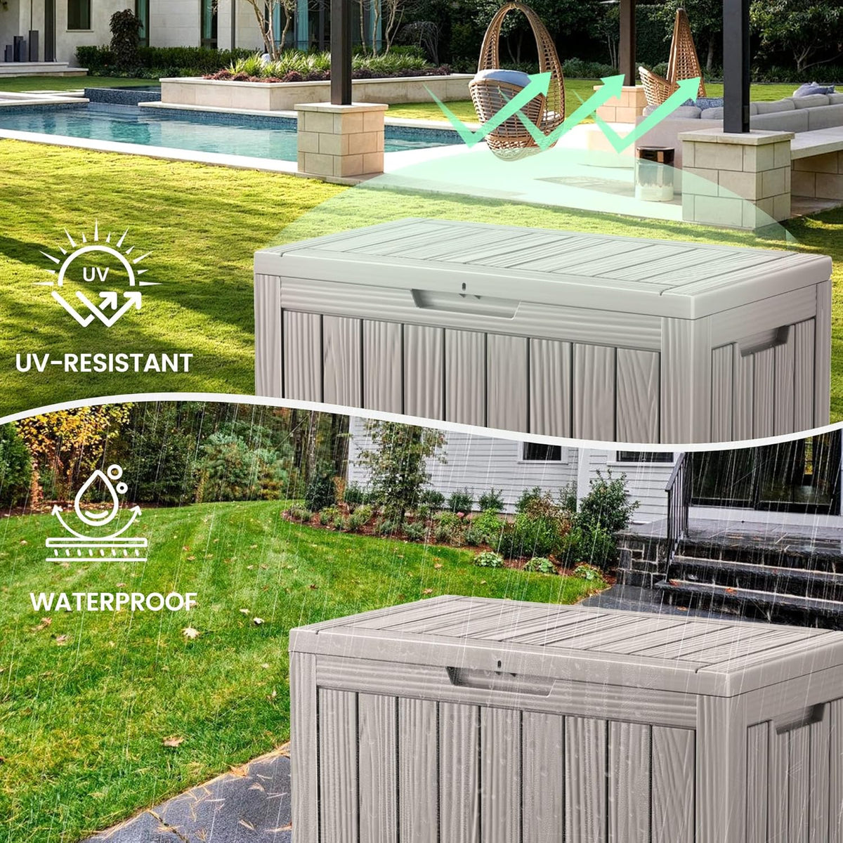 45 Outdoor Storage Box, Waterproof Resin Deck Box with Side Handles, Lockable Outdoor Bench for Indoor & Outdoor Use, Storage Bin for Patio Cushions, Garden Tools, Package Delivery, Grey