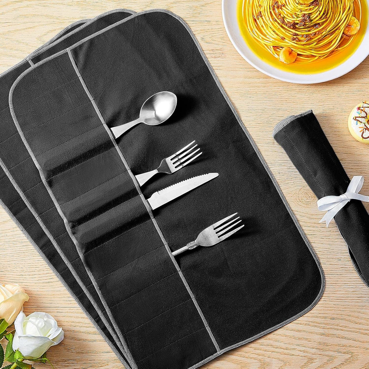 Hillban 6 Pcs Anti Tarnish Silver Storage Bags Silver Storage Cloth Felt Flatware Organizer Anti Tarnish Protector Bags Place Setting Roll with White Ribbon for Kitchen Cutlery Utensils (Black)