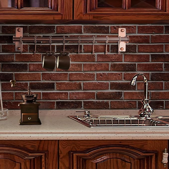Dseap Kitchen Utensil Holder Hanger, Pot and Pan Rack Wall Mount, Kitchen Rail with 8 Hooks for Hanging Cooking Utensils, Mugs, Spoons, Wall Mounted, Stainless Steel, Antique Copper