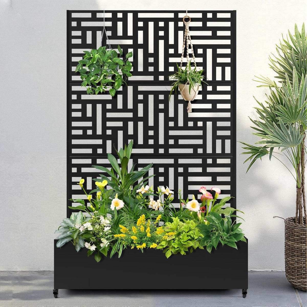FENCY Metal Raised Garden Bed with Wheels and Trellis,73"x47"x16" Planter Box for Climbing Plants, Vegetables & Vines, Features Privacy Screen and Drainage Holes (Black-Geometric Lattice)