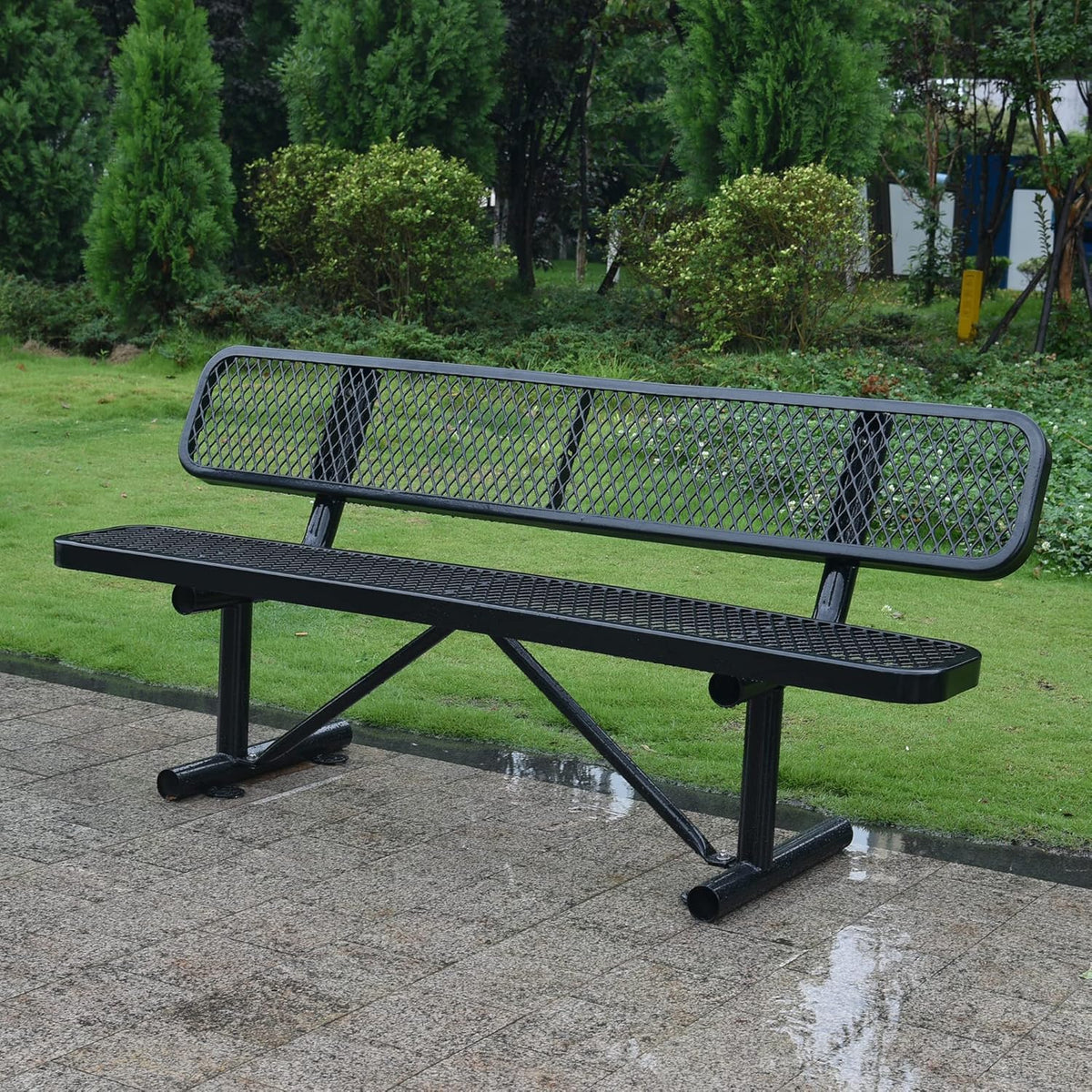 6FT Outdoor Metal Park Bench with Backrest, Outdoor Black Bench, Heavy-Duty Expanded Metal Picnic Bench Steel Mesh Portable Seating Patio Bench for Garden, Porch, Park,School,Road Sports