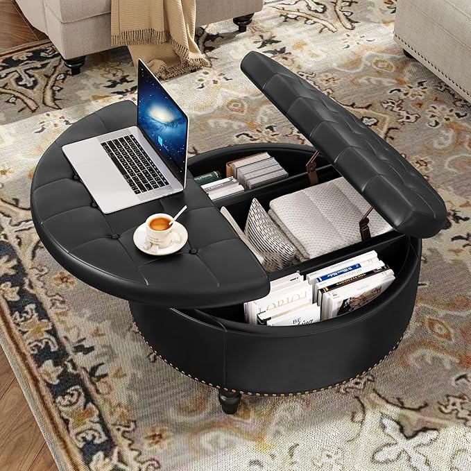 30 Inch Large Round Ottoman with Storage, Modern Leather Ottoman Coffee Table with Lift Top, Upholstered Button Tufted Footrest Stool Toy Blanket Storage for Living Room, Black