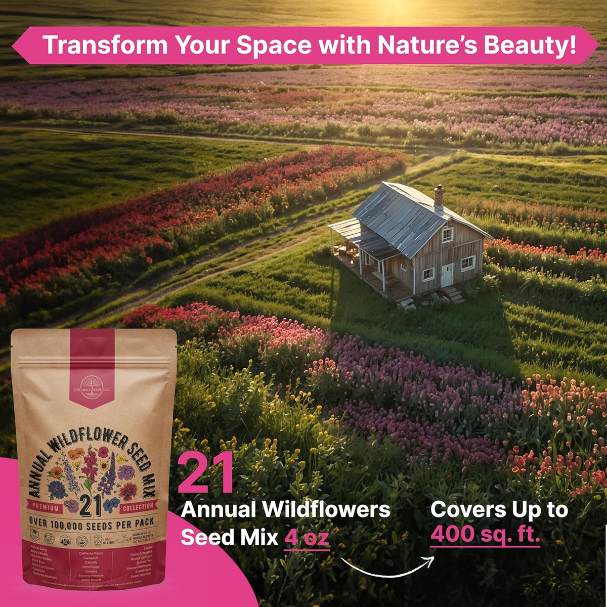 Organo Republic 21 Annual Wildflower Seeds Mix for Indoor & Outdoors. 100,000+ Non-GMO, Heirloom Wildflower Garden Seeds, 4oz Packet for Growing Wild Flowers to Attract Bees, Butterflies & Birds