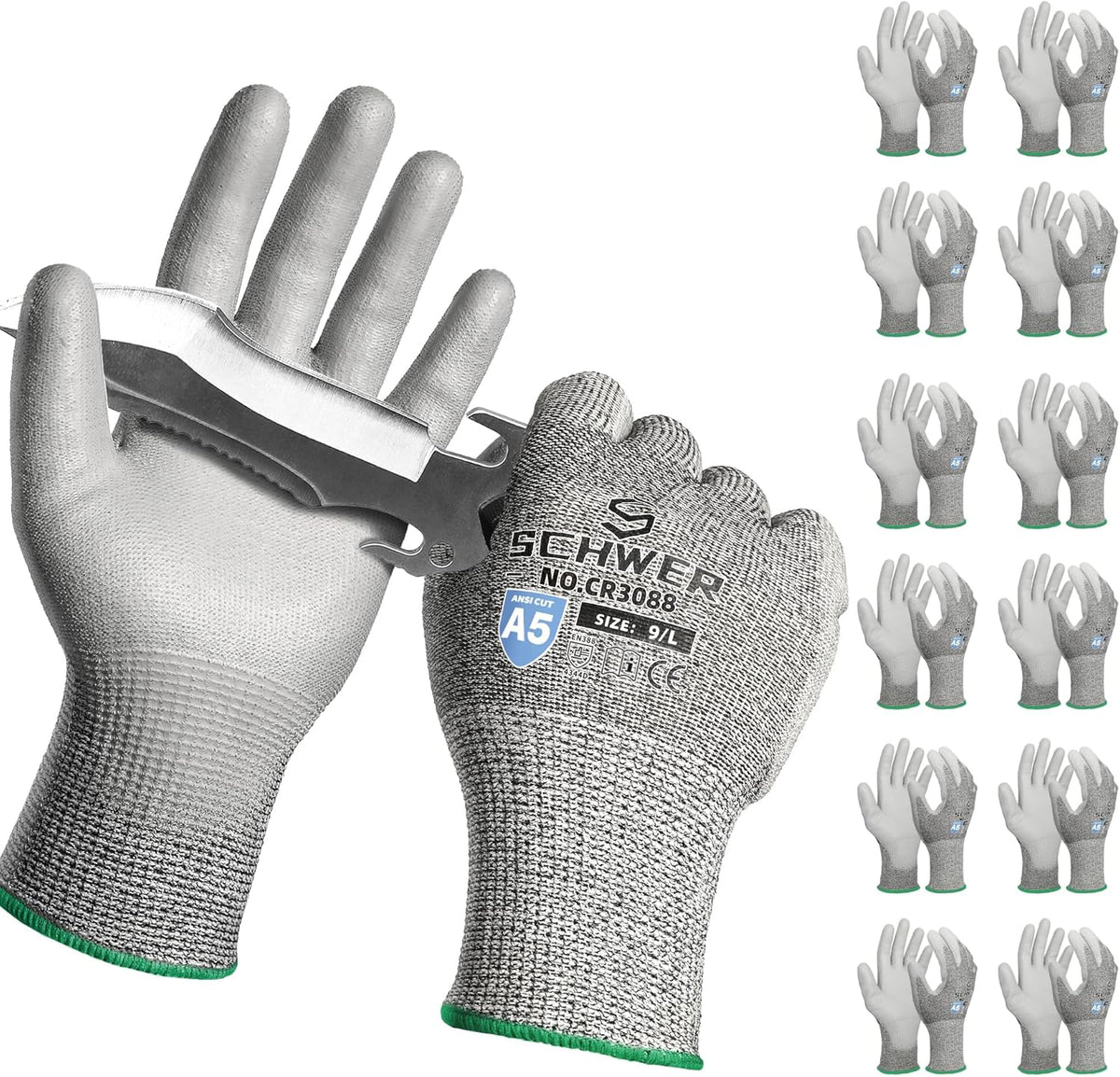 Schwer 240 Pairs ANSI A5 Cut Resistant Work Gloves, Cut Proof Gloves with PU Coating, Used for Metal Fabrication, WoodWorking, Construction, Non Slip, Durable, L, CR3088
