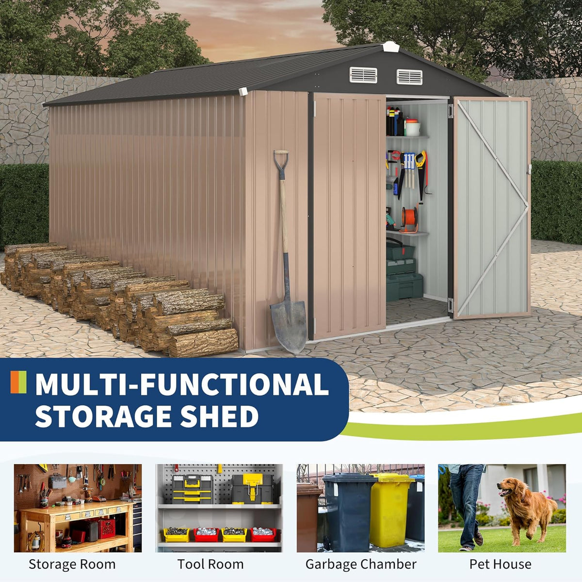8x12 FT Metal Storage Sheds Outdoor, Metal Yard Sheds Garden Shed Kit, Metals Tool Shed with Lockable Door, Metals UtilityShed Buildings with Air Vent for Backyard Garden Patio Lawn