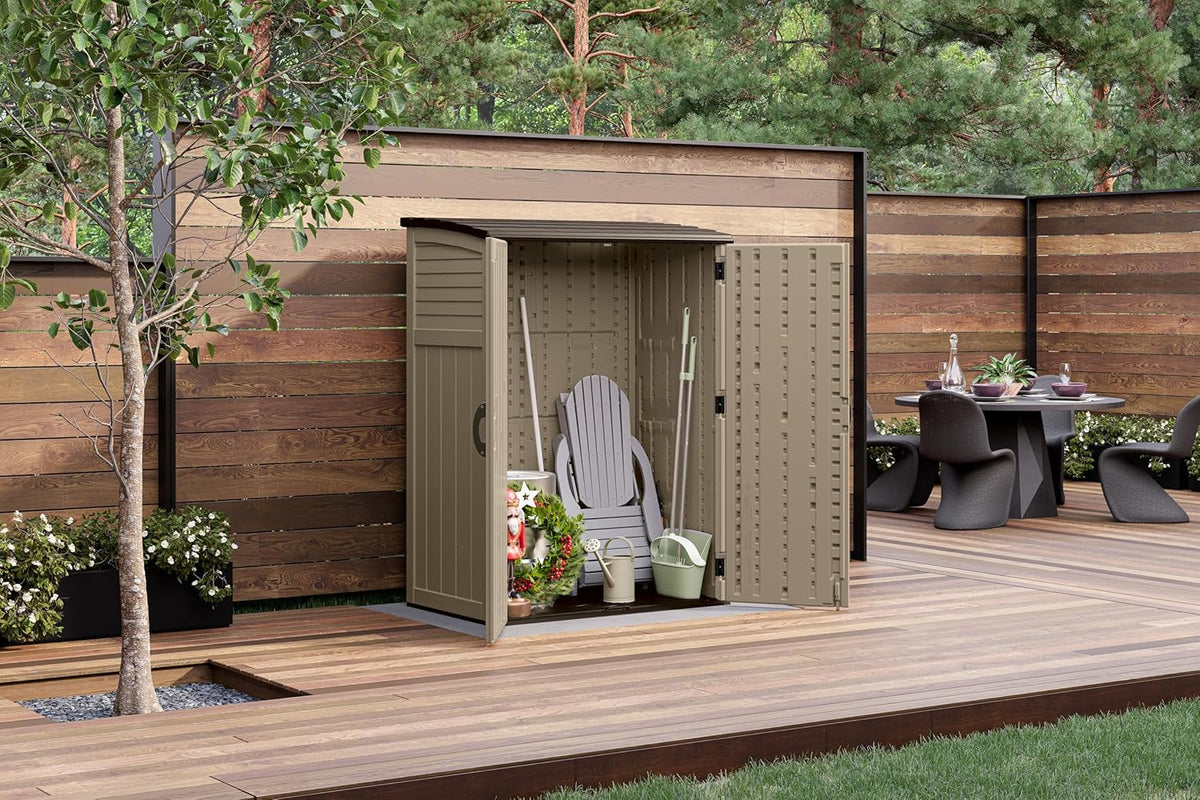 Suncast 54 Cubic Feet Vertical Storage Shed with Durable Plastic Construction, Multiple Wall Panels and Ample Space for Outdoor Storage