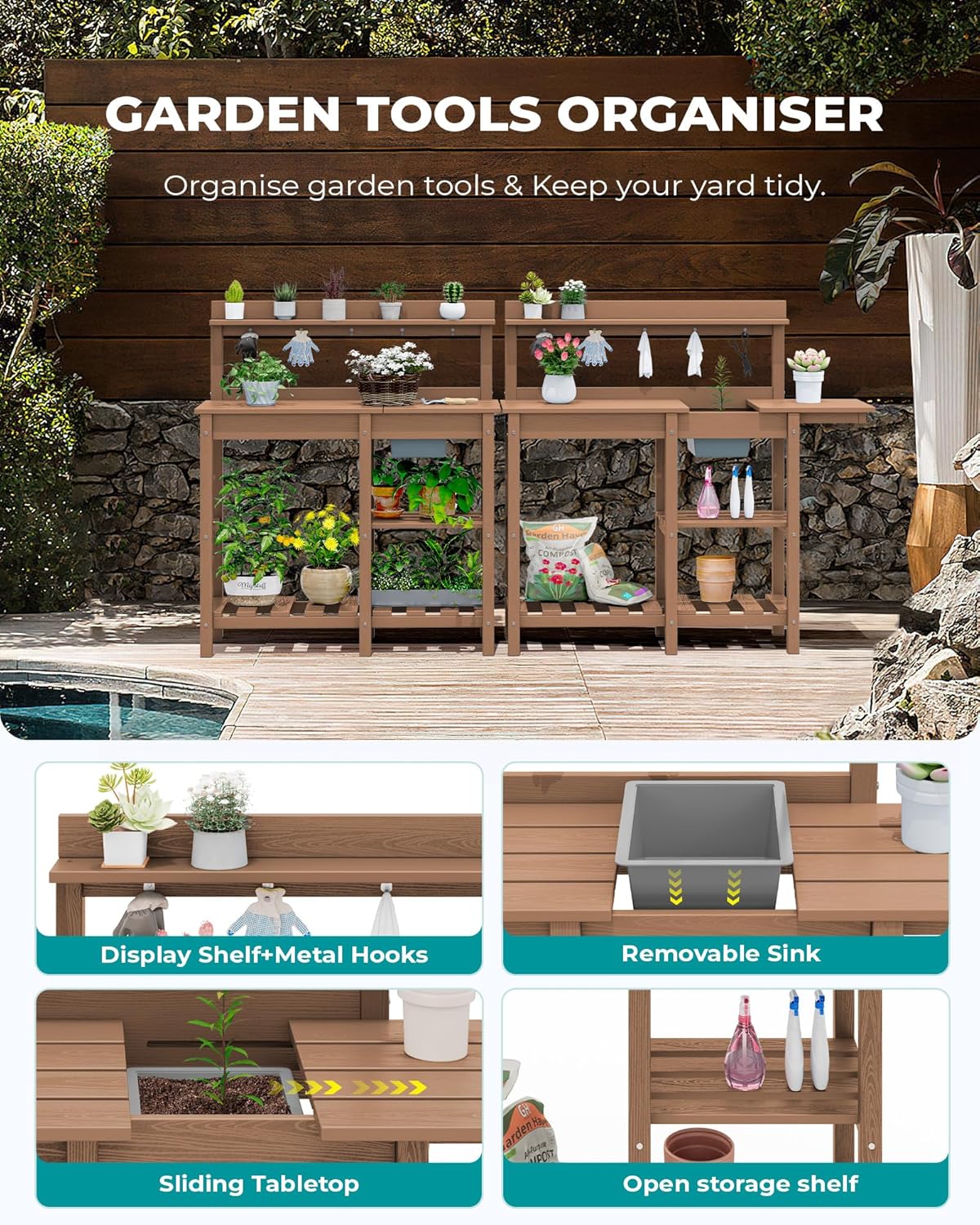 SERWALL Potting Bench Set of 2 Outdoor Potting Table with Sink, HDPE Potting Benches for Outside Gardening Table All Weather Use- Brown