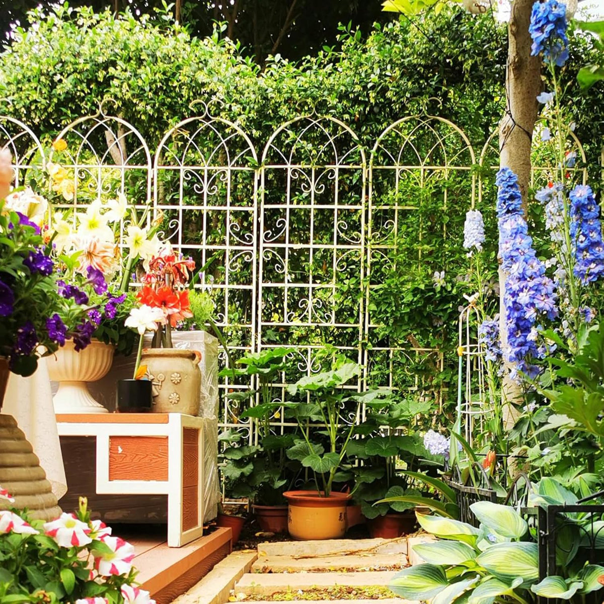 4 Pack Metal Garden Trellis 71" Fence Rustproof Garden Trellis for Climbing Plants Support Roses Flower Outdoor Lawn, Cream White