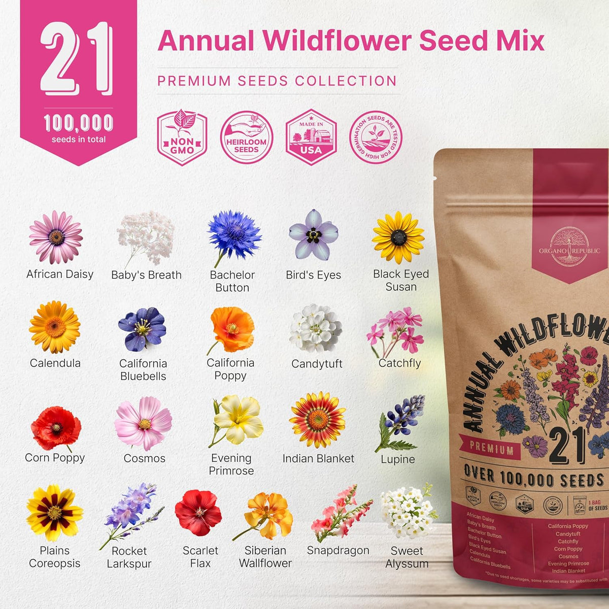 Organo Republic 21 Annual Wildflower Seeds Mix for Indoor & Outdoors. 100,000+ Non-GMO, Heirloom Wildflower Garden Seeds, 4oz Packet for Growing Wild Flowers to Attract Bees, Butterflies & Birds