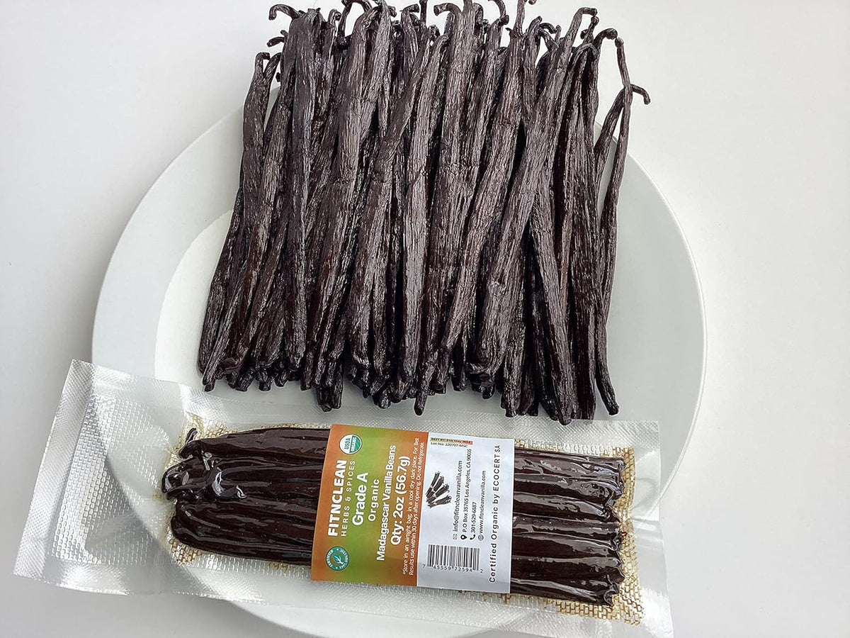 2oz Madagascar Organic Vanilla Beans Gourmet Grade A. Certified USDA Organic 6"-8" by FITNCLEAN VANILLA Bourbon Fresh for Extract, Essence, Brewing, Baking NON-GMO Whole Pods