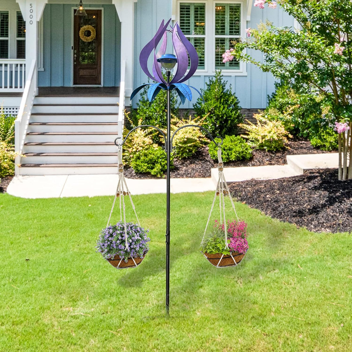 J-Fly Metal Wind Spinner Outdoor Terrace Windmill LED Solar Landscape Light Outdoor Garden Decoration for Lawn Garden Park Decoration Double Coconut Flower Basket Metal Pile 83 Inch