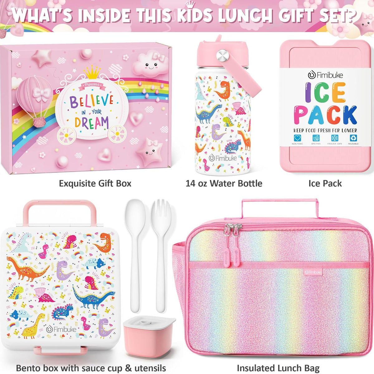 Fimibuke Kids Bento Lunch Box with 4 Compartments, Insulated lunch Bag, Stainless Steel Insulated Water Bottle, Ice Pack & Utensils Set, Birthday Gifts for Ages 3-12 Back to School Toddler Girls Boys