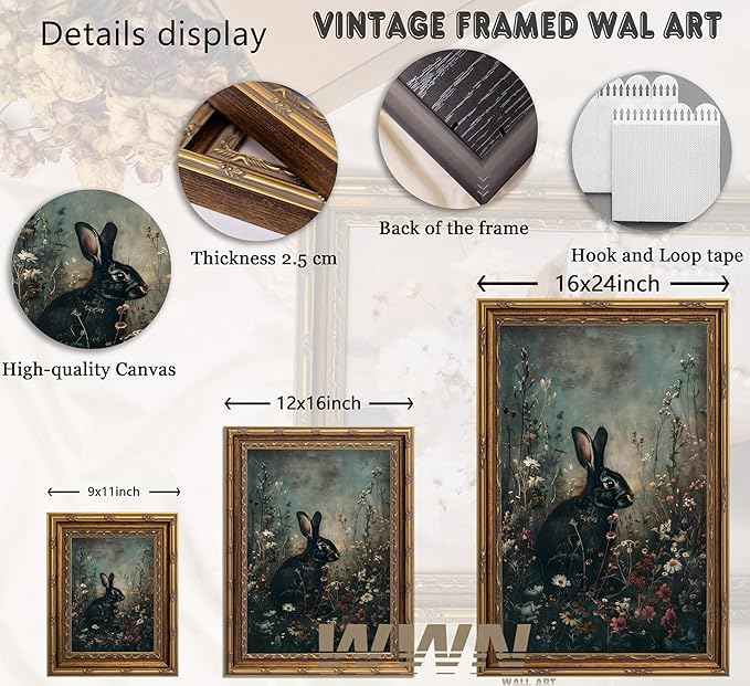 Vintage Gold Framed Bunny Wall Art Dark Moody Botanical Cottagecore Rabbit Painting Canvas Prints Dark Academia Floral Poster Gothic Black Animal Picture Artwork for Bedroom Living Room Decoation