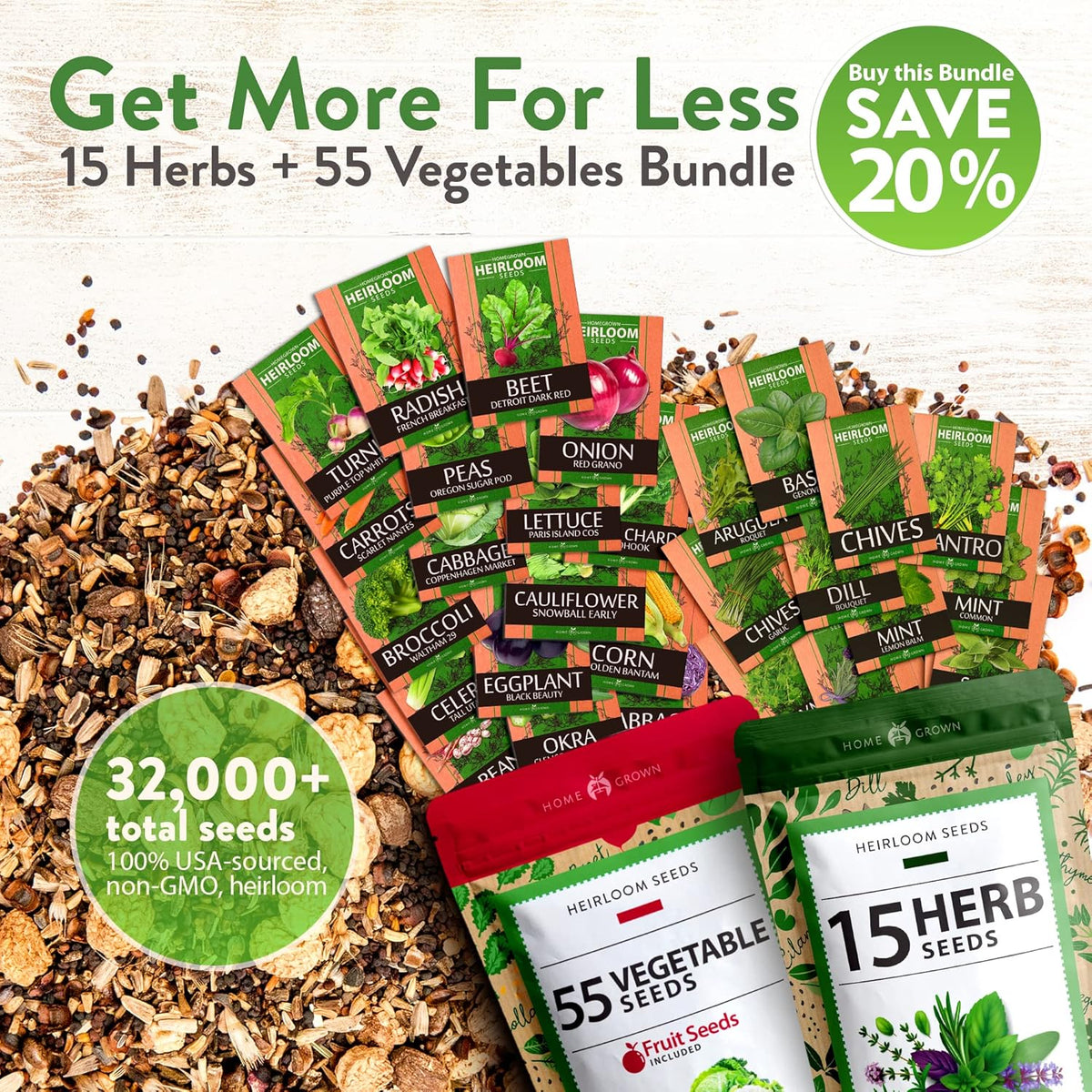 HOME GROWN 70 Variety Vegetable & Herb Seeds – 32,000+ USA Non-GMO Heirloom Survival Seeds –Garden Kit for Spring, Fall, Winter – Indoor & Outdoor Planting – Starter Set for Home Gardeners & Preppers