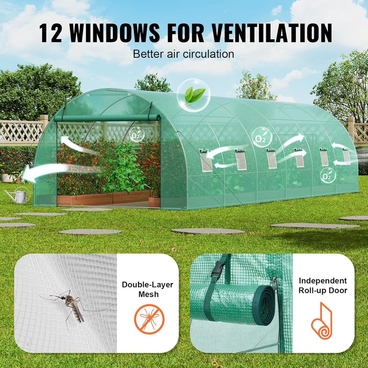 VEVOR Walk-in Tunnel Greenhouse, 29.2x9.7x6.5 ft Hoop House Greenhouse Tunnel, Plant Hot House with Galvanized Steel Frame, Green PE Cover, Roll-up Zipper Door and 12 Windows for Outdoor