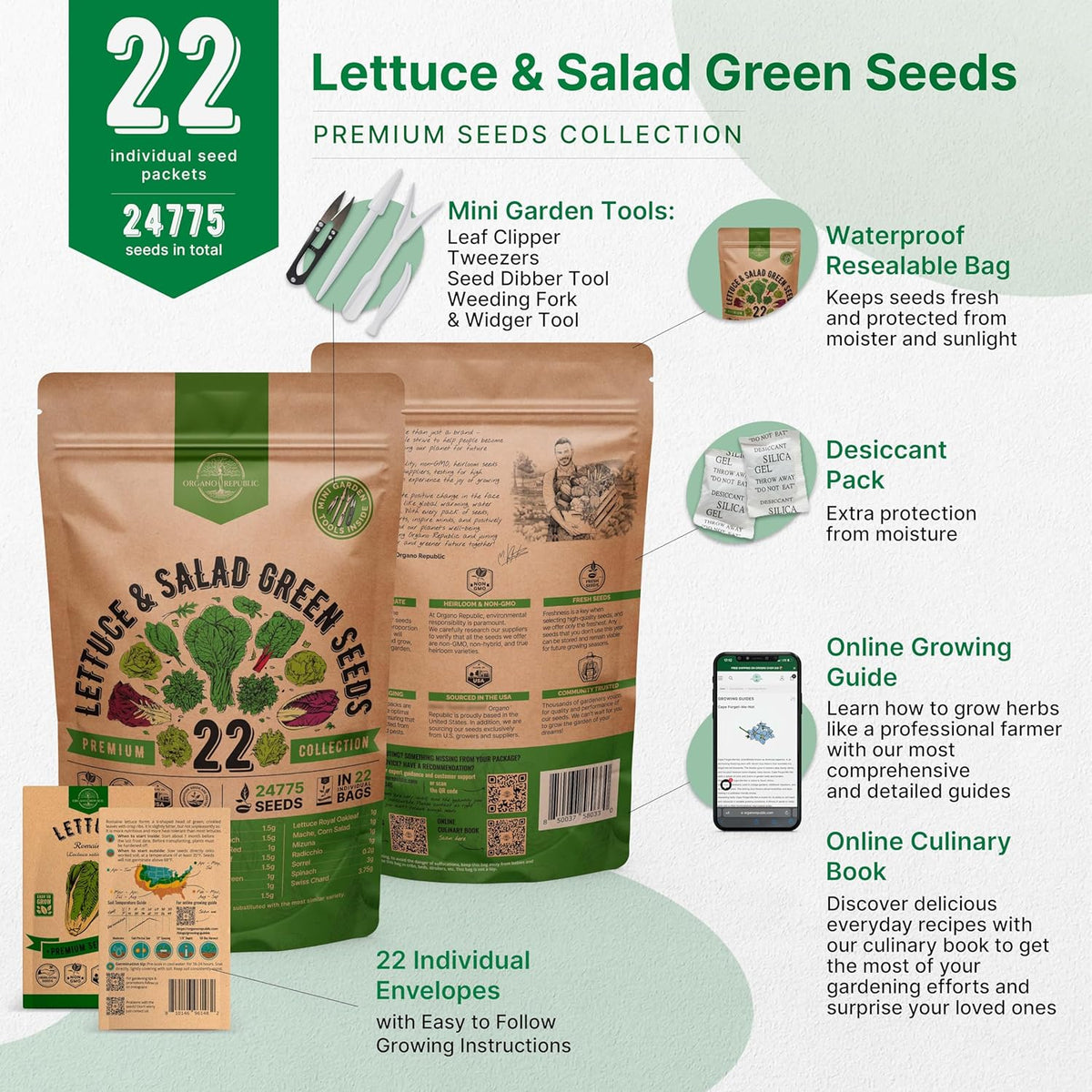 Organo Republic 22 Lettuce & Salad Greens Seeds Variety Pack 24,700+ Non-GMO Heirloom Lettuce Seeds for Indoor & Outdoor Garden, Hydroponics, Aerogarden - Arugula, Kale, Spinach, Swiss Chard, Lettuce
