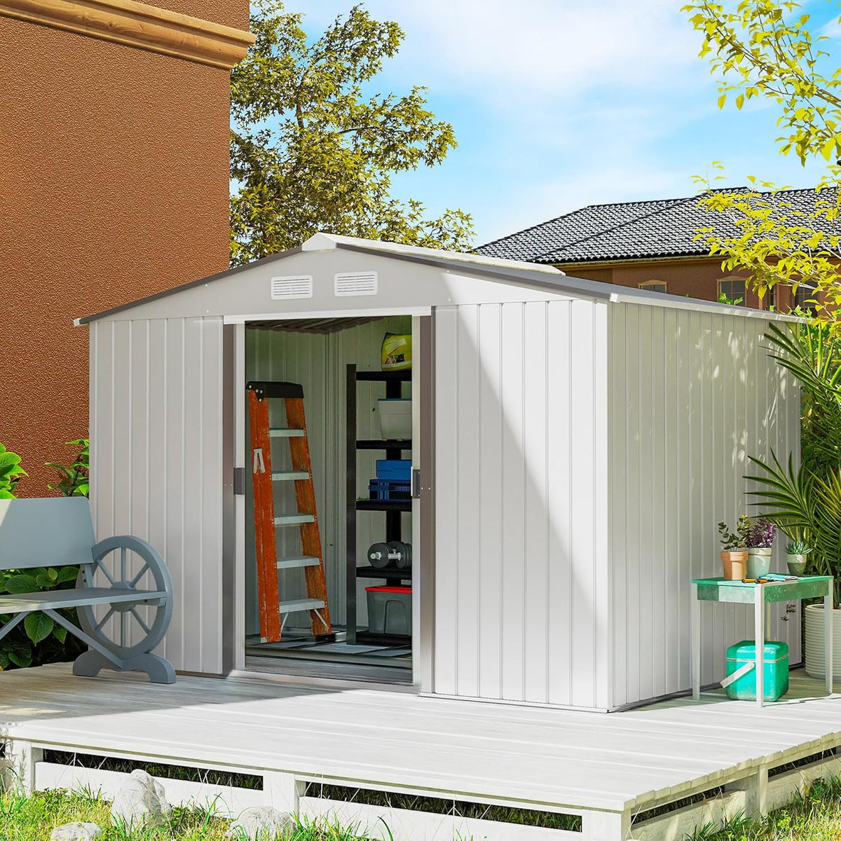 Outsunny 9' x 6' Outdoor Storage Shed, Garden Tool Metal Shed with Foundation Kit, Double Lockable Door, Air Vents and Sloping Roof, for Backyard, Patio, Lawn, Silver