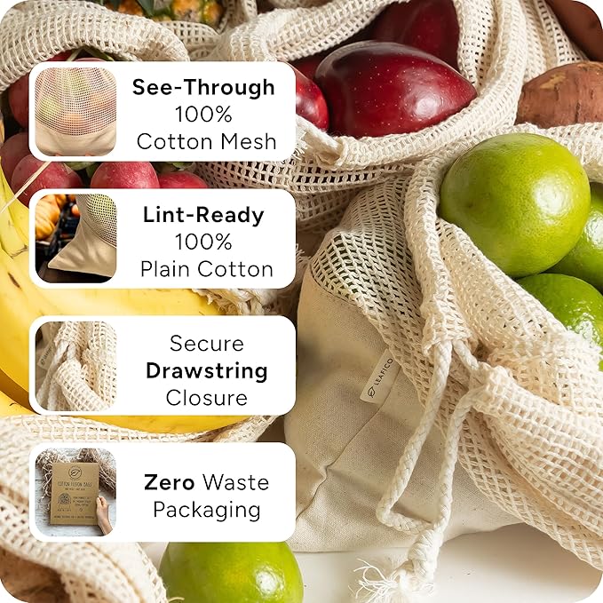 LEAFICO Reusable Produce Bags – 100% Cotton Mesh & Solid Hybrid (Large 12x15 inch 6 Pcs) – Storage Bags for Vegetables, Toys, Clothes, Travel Packing – Washable, Plastic-Free, Breathable, Zero Waste