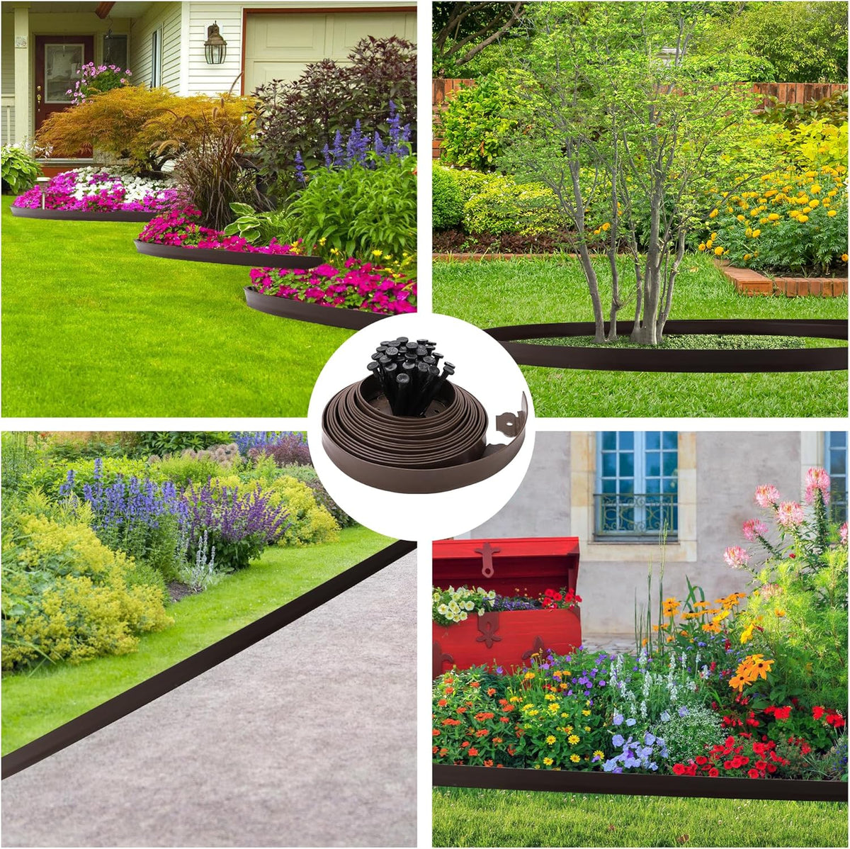 2" x 33FT Landscape Edging Kit, Garden Edging Coil Comes with 30 Pcs Spikes, No Dig Lawn Border Design, Brown