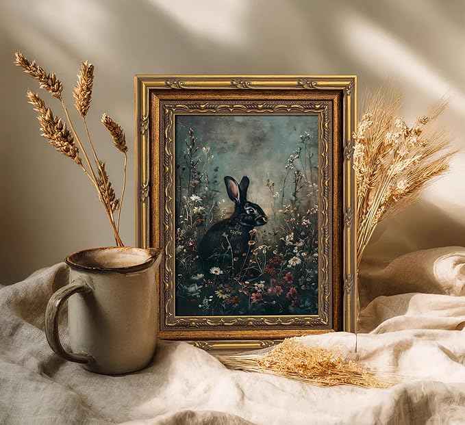 Vintage Gold Framed Bunny Wall Art Dark Moody Botanical Cottagecore Rabbit Painting Canvas Prints Dark Academia Floral Poster Gothic Black Animal Picture Artwork for Bedroom Living Room Decoation