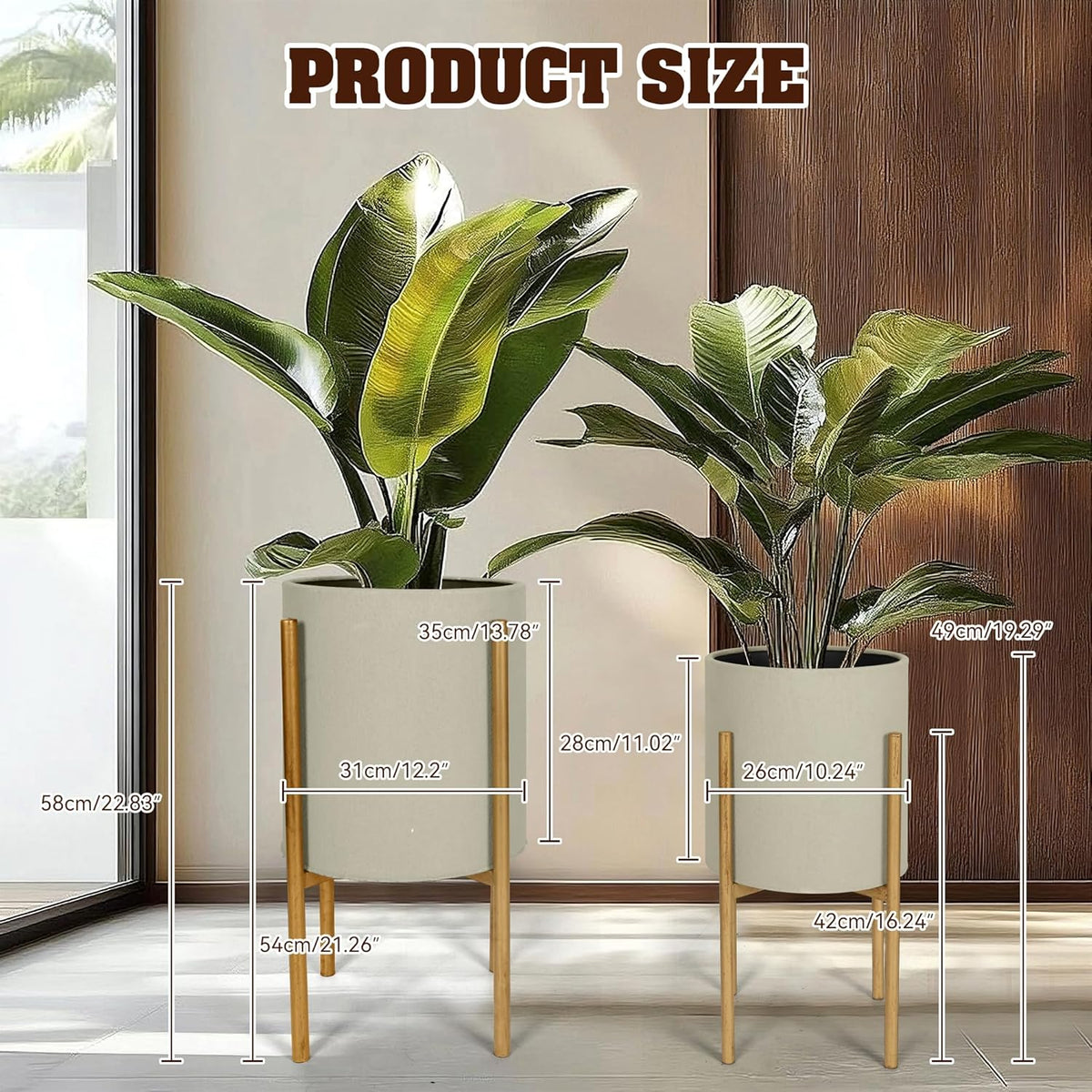 Oakrain Plants Pots with Stand, Set of 2 Planters for Indoor Plants, Modern Decorative Metal Flower Pots for Living Room, Garden, Balcony, 10"&12", Cement Gray Frosted