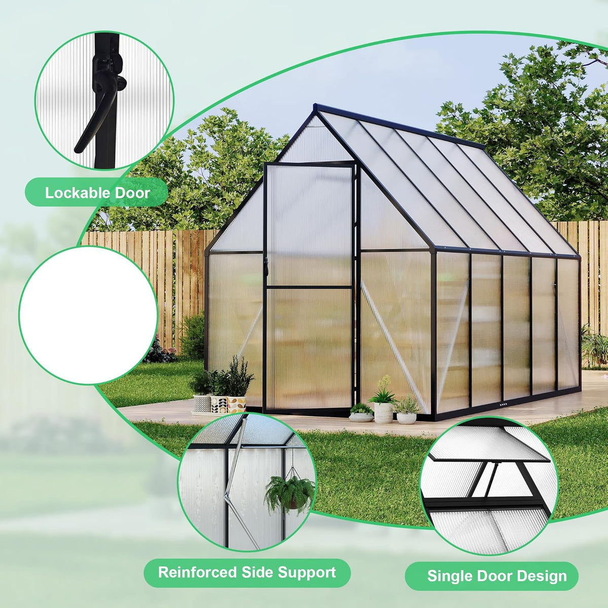 6'x9' Aluminum-Framed Polycarbonate Greenhouse, Heavy Duty Polycarbonate Greenhouse with Quick Setup Structure and Roof Vent, Large Enhanced Aluminum GreenhouseKit for Outdoors