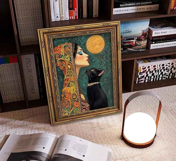 Vintage Gold Framed Boho Wall Art Moonlit Elegant Woman and Black Cat Painting Canvas Prints Gothic Dark Academia Moon Poster Bohemian Mystical Picture Artwork for Bedroom Living Room Home Décor