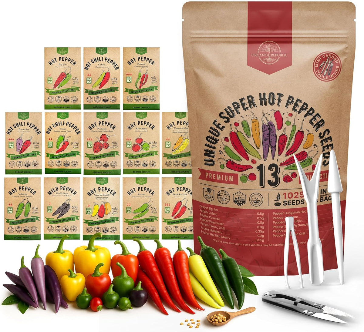 Organo Republic 13 Unique Super Hot Pepper Seeds Variety Pack - 1,020+ Non-GMO Heirloom Pepper Seeds for Outdoor and Indoor Home Gardening, Including Pepper Caloro, Firecracker, Habanero, Fresno Chili
