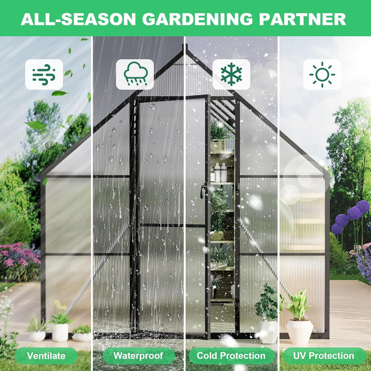 8'x10' Aluminum-Framed Polycarbonate Greenhouse, Heavy Duty Polycarbonate Greenhouse with Quick Setup Structure and Roof Vent, Large Enhanced Aluminum Green House Kit for Outdoors