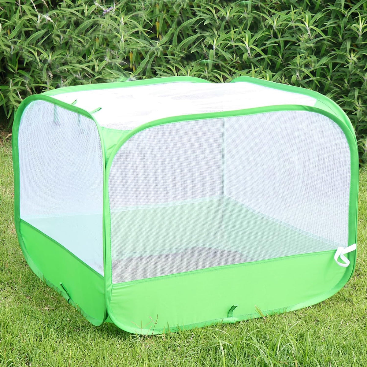 Mesh Plant Cover for Outdoor, Plant Netting Protector Garden Enclosure Cloche for Fruit, Vegetables, Strawberry, Flowers and Herbs Pop-Up Cage with 4 Stakes (White with Green, 39.4" x 39.4" x 19.7")