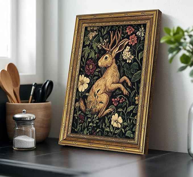 Vintage Gold Framed Bunny Wall Art Dark Botanical Cottagecore Mythical Folklore Art Painting Canvas Prints Dark Academia Floral Poster Gothic Hare Picture Artwork for Bedroom Living Room Home Decor