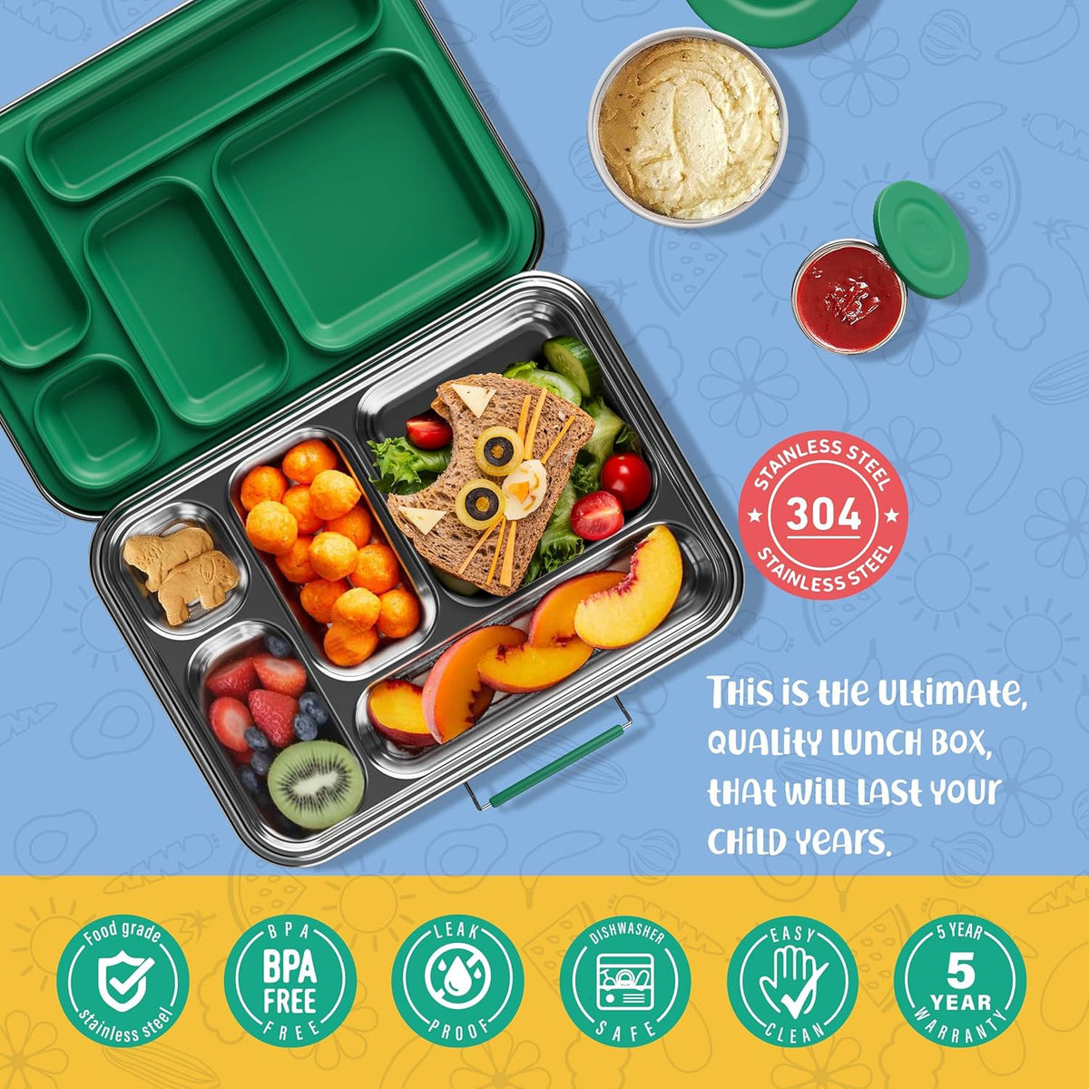 Stainless Steel Bento Box Kids, Kids Metal Bento Lunch Box BPA Free Lunch Box Containers 304 Stainless Steel Bento Box for School and Office(Green)