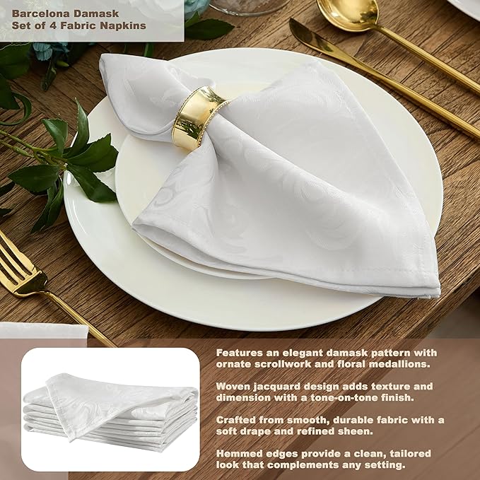 Newbridge Barcelona Luxury Damask Fabric Tablecloth, 60” Wide x 144” Rectangle, White, 100% Polyester, No Iron, Soil Resistant Dining Room, Party and Banquet Table Cover