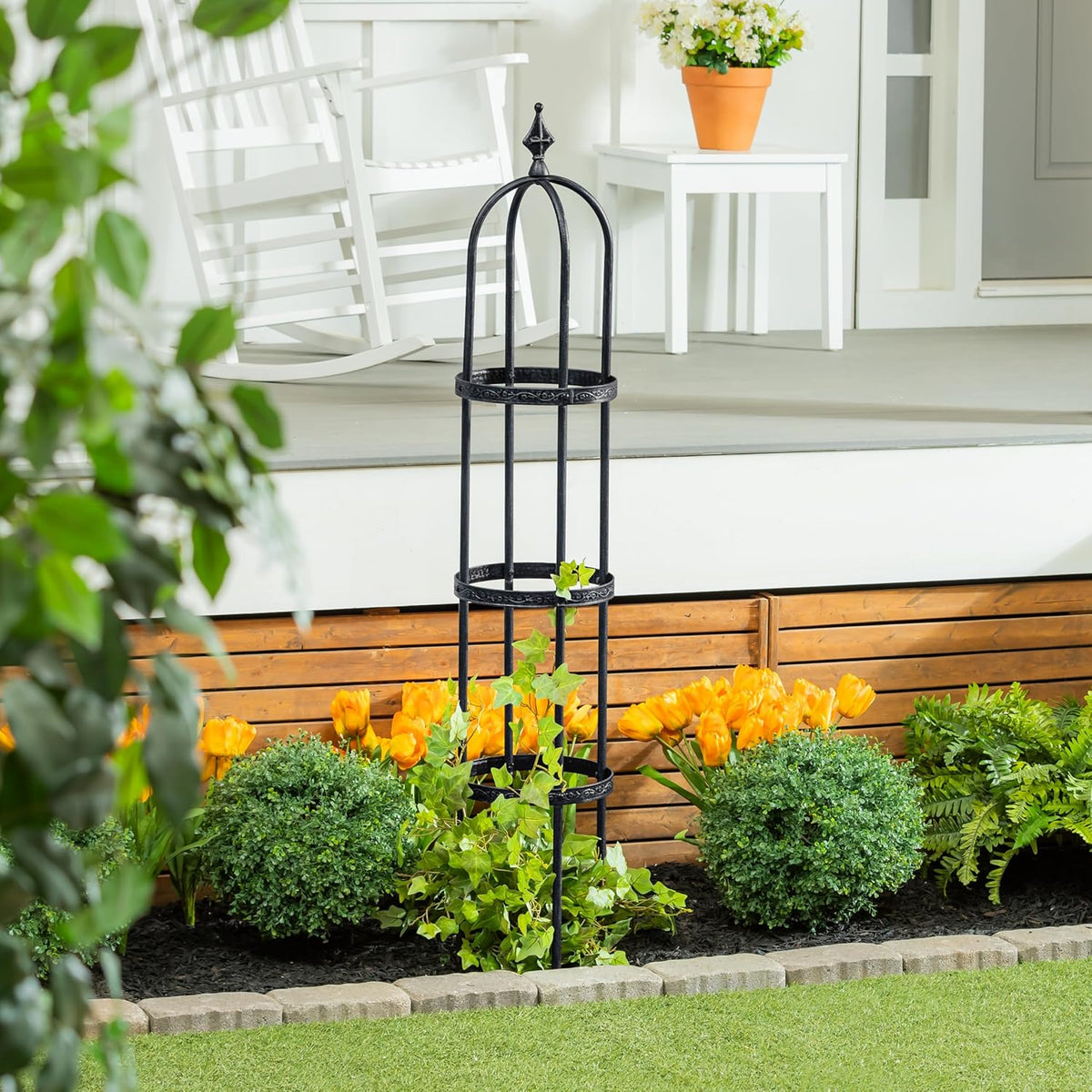Evergren Garden Metal Obelisk Trellis for Climbing Plants | Indoor/Outdoor Floral Pattern Arch Trellis for Potted Plants (5 ft Black)