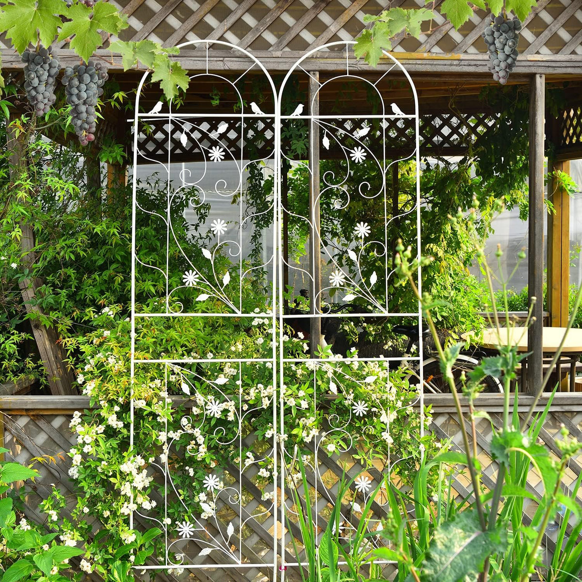 Sungmor Metal Trellises for Climbing Plants, Overall 20 Inch Width & 82.5 Inch Tall, 2PC White Pack, Decorative Retro Style Trellis Fence Panels, Garden Plant Support, Flower Rose Climbing Rack