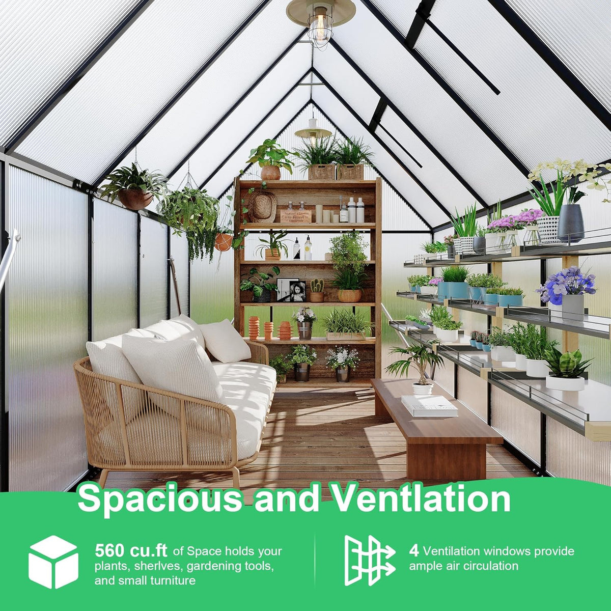 6'x9' Aluminum-Framed Polycarbonate Greenhouse, Heavy Duty Polycarbonate Greenhouse with Quick Setup Structure and Roof Vent, Large Enhanced Aluminum GreenhouseKit for Outdoors