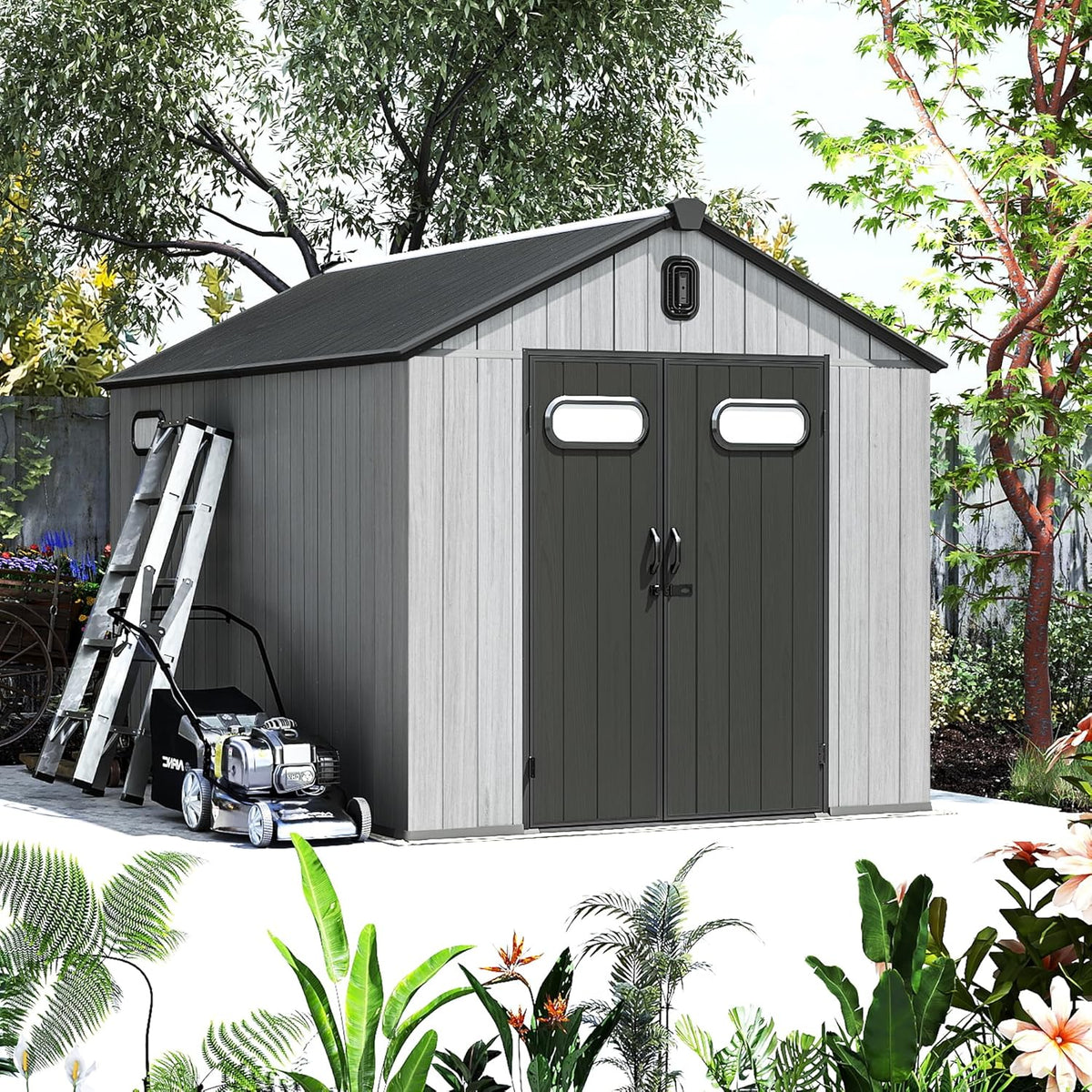 Domi 8x12FT Outdoor Resin Storage Shed with Transparent Windows & Louvered Vents, Plastic Tool Shed with Double Lockable Doors & Gable Roof, Outside Garden Shed for Backyard, Patio, Lawn, Grey