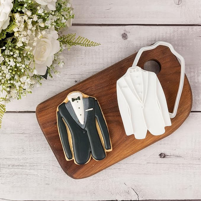 Flycalf Wedding Cookie Cutter Tuxedo with Plunger Stamps Handle PLA Cake Baking Accessories 4" Cutter Molds Gifts for Kids Decorative Party Kitchen